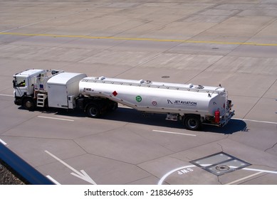 Aerial View Of White Fuel Truck Of Jet Aviation Company At Taxiway Of Zürich Airport On A Sunny Summer Day. Photo Taken July 15th, 2022, Zurich, Switzerland.