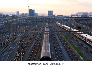 Aerial View Of White And Red ICE Train Of The DB At Track Field Of Zürich Main Station On A Sunny Autumn Evening. Photo Taken October 9th, 2021, Zurich, Switzerland.