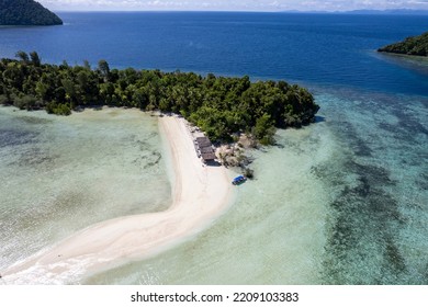 Aerial View Of White Sandy Beach, Pulau Mansuar, Raja Ampat Indonesia.