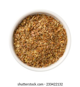 Aerial View Of Whole Ground Flax Seed Meal In A White Ceramic Bowl. The Subject Is Isolated On White And Includes A Clipping Path.