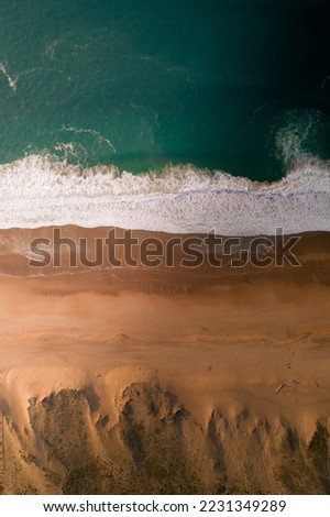 Aerial view of a wide French beach lined with dunes and a rough ocean (aerial view)
