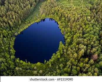 Aerial View Of Wild Forest Lake In Lithuania