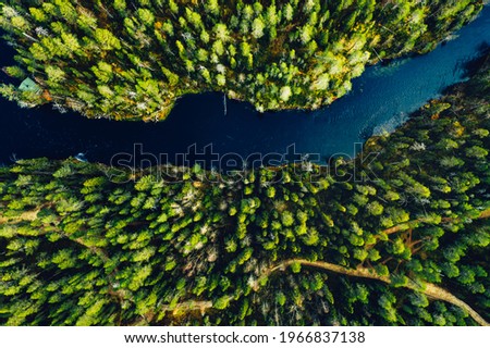 Aerial view of wild green forests and blue lakes and rivers in summer Finland