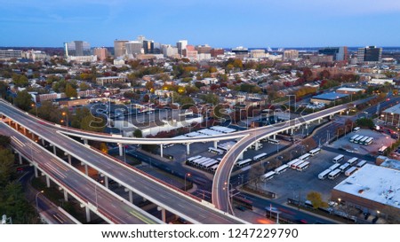 Aerial view Wilmington Delaware Downtown City Skyline bus station and highways