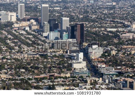 Aerial view of Wilshire Blvd Miracle Mile neighborhood in Los Angeles, California.