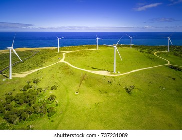 Aerial view of a wind farm and ocean in Australia