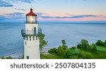 Aerial View of Wind Point Lighthouse at Sunset over Lake Michigan