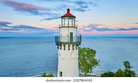 Aerial View of Wind Point Lighthouse at Sunset Over Lake Michigan - Powered by Shutterstock