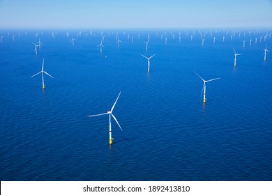 Aerial View Of A Wind Turbine Park In The North Sea Along The Dutch Coast, Province Zeeland, Netherlands