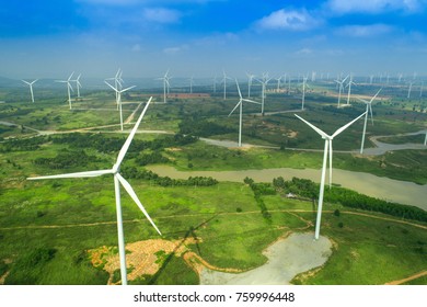 Aerial View Of Wind Turbines Farm,sustainable And Clean Electric Power,Future Of Renewable Energy.THAILAND