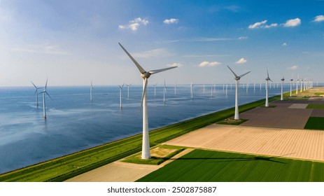 An aerial view of wind turbines in Flevoland, Netherlands, highlights their vital role in providing sustainable green energy and supporting environmental sustainability and energy transition efforts - Powered by Shutterstock