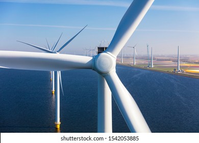 Aerial View Of Wind Turbines At Sea, North Holland, Netherlands