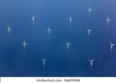 Aerial View Of Wind Turbines In The Sea