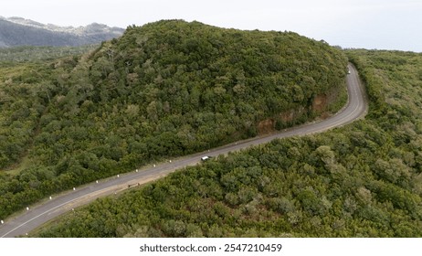 Aerial view of a winding road curving through a lush green mountain landscape. The scenic route is surrounded by dense foliage, offering a serene and peaceful travel experience. - Powered by Shutterstock