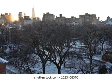 Aerial view of Winter Dawn over Tompkins Square Park. East Village. New york. USA.