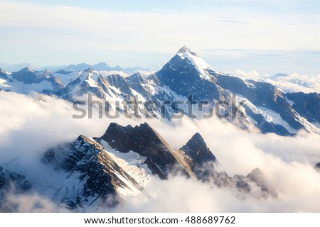 Aerial view of Winter landscape Mountain Cook New Zealand