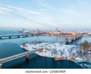 Aerial view of the winter Riga old town - the capital of Latvia. Beautiful winter over Riga.