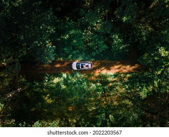 Aerial View Woman Laying Down On Suv Car Roof In The Middle Of The Forest Trail Road Copy Space