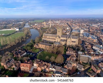 Aerial view of Worcester city centre, UK.