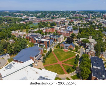 Aerial view of Worcester Polytechnic Institute WPI main campus around The Quad in city of Worcester, Massachusetts MA, USA.  