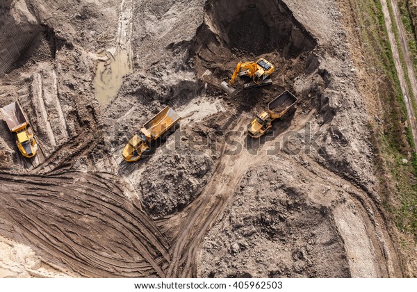 Aerial view of\
the working earth mover in\
Poland