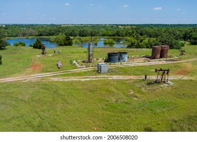 Aerial View Of Working Pump Oil Well Pump Jack Pumping Crude Oil With Out Oklahoma USA