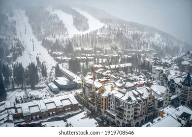 Aerial View Of World Famous Vail, Colorado During An Unexpected Snowstorm