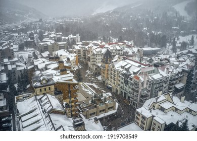 Aerial View Of World Famous Vail, Colorado During An Unexpected Snowstorm