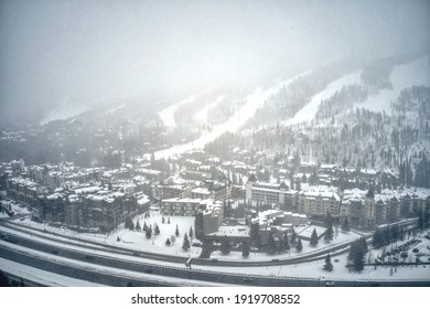 Aerial View Of World Famous Vail, Colorado During An Unexpected Snowstorm