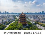 Aerial view of  Wuhan city .The yellow crane tower , located on snake hill in Wuhan, is one of the three famous towers south of yangtze river,China.