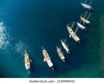 Aerial view of yachts in Bodrum Harbor in Turkey. Bodrum is a popular tourist destination in the Turkish Riviera.