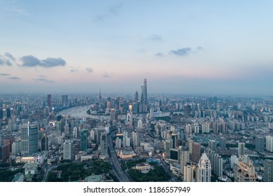 Aerial View Of Yanan Rd, Jingan District, Shanghai In The Evening