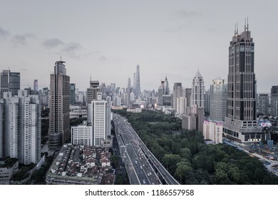 Aerial View Of Yanan Rd, Jingan District, Shanghai In The Evening