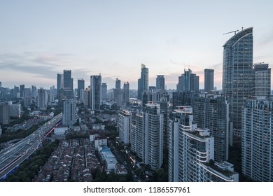 Aerial View Of Yanan Rd, Jingan District, Shanghai In The Evening