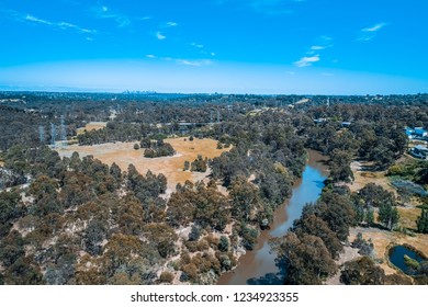 Aerial View Of Yarra River Flowing Through Eltham Suburb In Melbourne, Australia