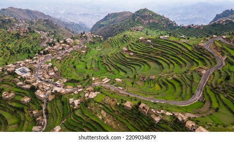 An Aerial View Of The Yemeni Landscape Of Jabal Sabr In Taiz City. The Beauty Of Yemen. Yemeni Tourism