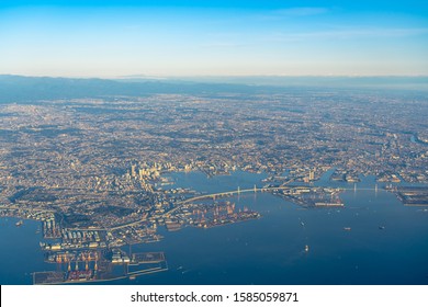 Aerial View Of Yokohama City, Kawasaki City And Ota City In Sunrise Time With Blue Sky Horizon Background, Tokyo, Japan