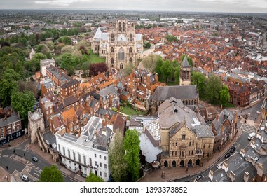Aerial view of York Minster in cloudy day, England
