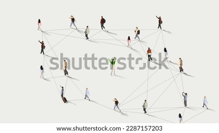 Aerial view. Young girl dancing around back view of crowd of different people connected with social media lines against white background. Human cooperation, online technology, modern lifestyle concept