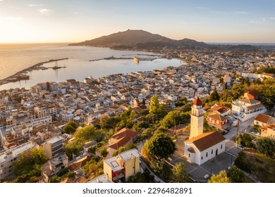 Aerial view of Zakynthos city on Zante island in Greece. Church of Panagia Pikridiotissa with beautiful view at Zakynthos town at sunrise.