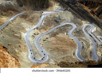 Aerial View Of Zigzag Road At Old Route Of Leh Srinagar Highway, Ladakh, Jammu And Kashmir, India