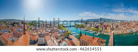 Aerial view of Zurich city center with famous Fraumunster Church and river Limmat at Lake Zurich from Grossmunster Church on a beautiful sunny day with blue sky in summer, Canton Zurich, Switzerland