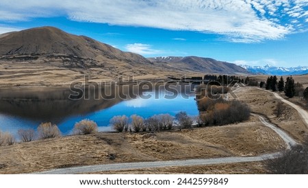Aerial views of the alpine Lake Camp in NZ South island Ashburton conservation park