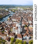 Aerial views of the old town of Solothurn city with St. Ursus Cathedral - a Swiss heritage site of national significance - in the center. 
