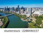 Aerial views from over downtown Austin and Lady Bird Lake