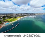 Aerial views from Port Phillip Bay towards Geelong CBD and Eastern Beach Children
