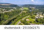 Aerial views of Radyr weir on the River Taff, Cardiff, Wales
