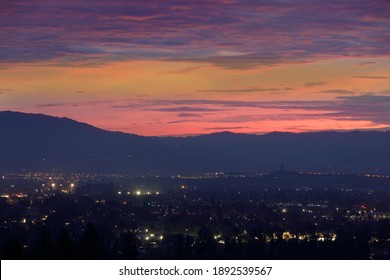 Aerial Views of Silicon Valley. Vibrant Skies over San Jose via Mt Hamilton Foothills in San Jose, Santa Clara County, California, USA.