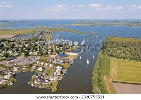 Aerial from water sports in summer at Galamadammen in Friesland the Netherlands