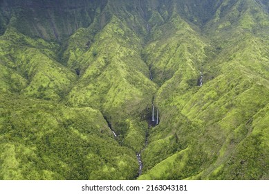 Aerial Waterfall Views Of The Jungles In Hawaii